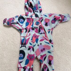 Patagonia Kids Hooded Fleece One-Piece in Mint with Pink and Blue Owl Print